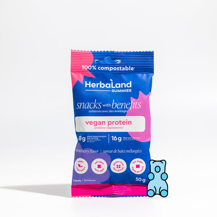 Herbaland Gummies Compostable Packaging - various flavors and benefits