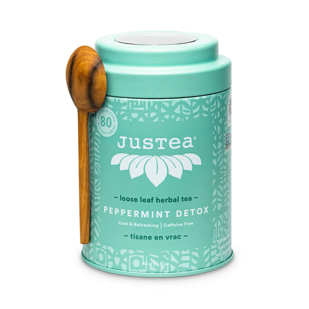 JusTea Herbal tea tins with wooden scoop