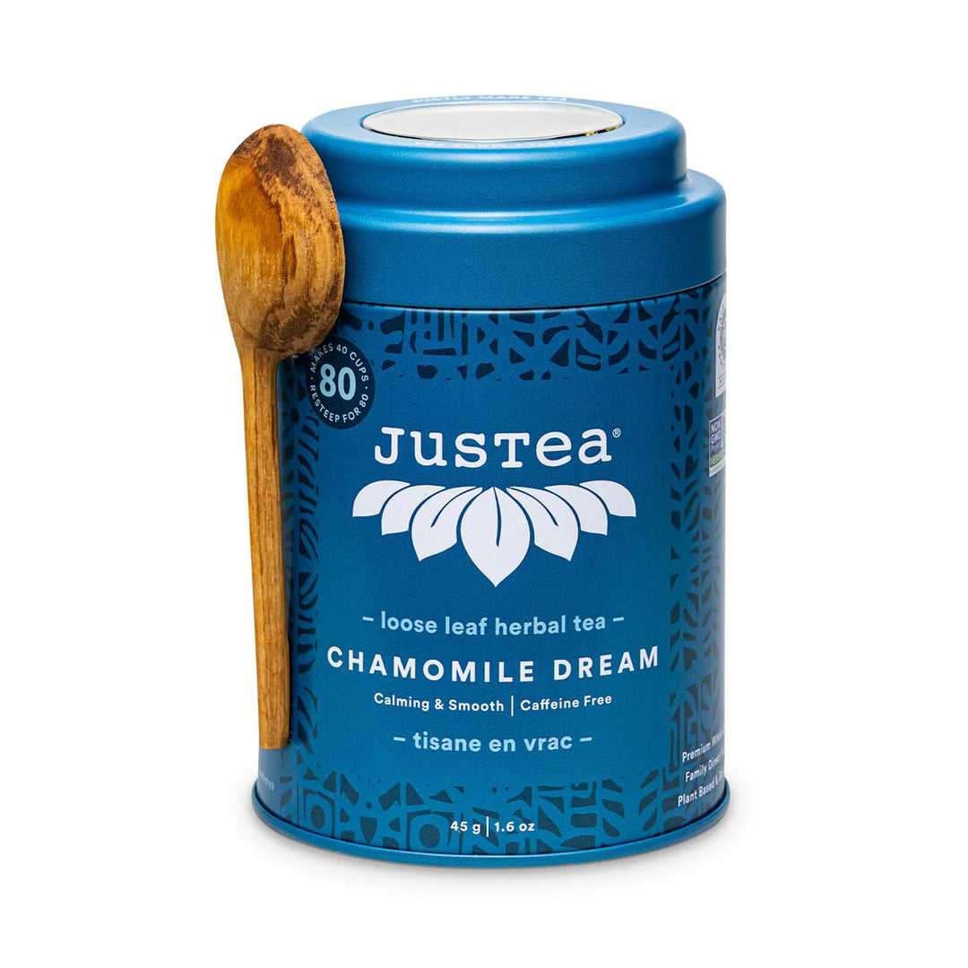 JusTea Herbal tea tins with wooden scoop