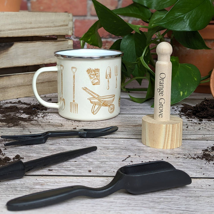 Robert Frederick Ltd - Orange Grove Mini Garden Tools & Enamel Mug Gardening