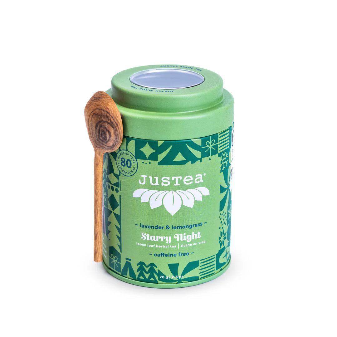 JusTea Herbal tea tins with wooden scoop