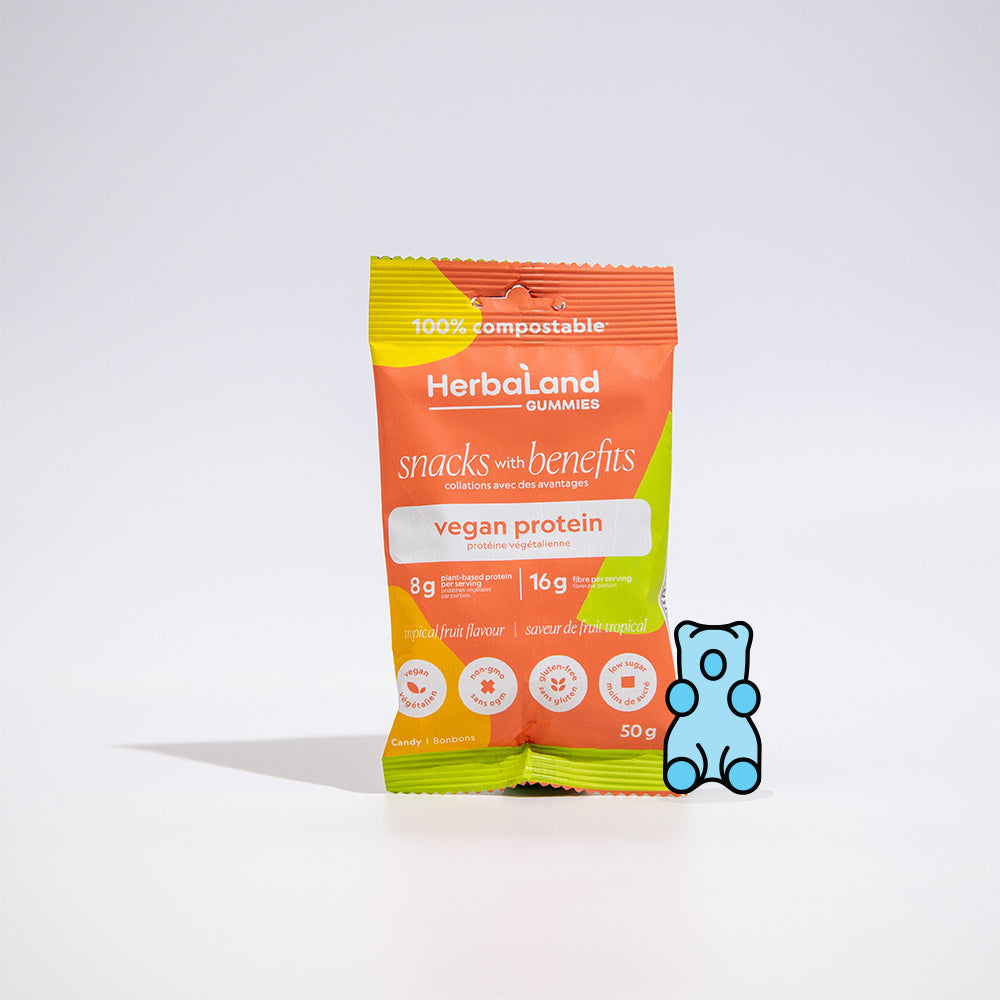 Herbaland Gummies Compostable Packaging - various flavors and benefits