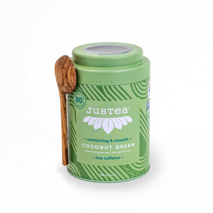 JusTea Herbal tea tins with wooden scoop