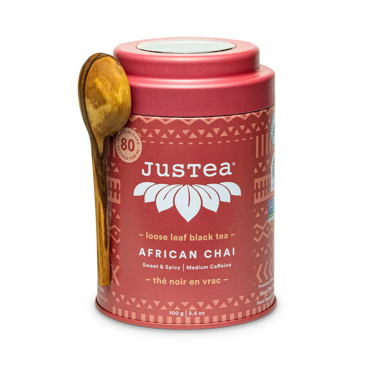 JusTea Herbal tea tins with wooden scoop