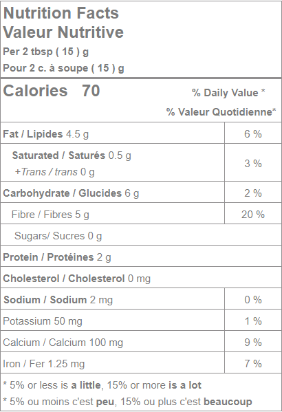 Nutrition facts for Organic Black Chia Seeds.