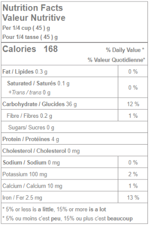 Nutrition facts of White Basmati Rice.