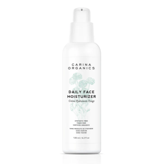 A white bottle that reads Daily face moisturizer on a white background