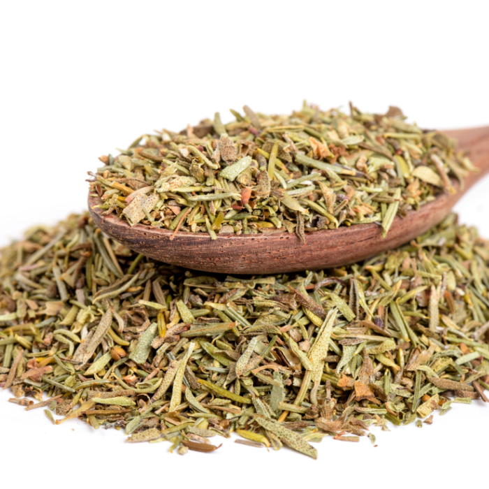 Thyme in a wooden spoon with a white background