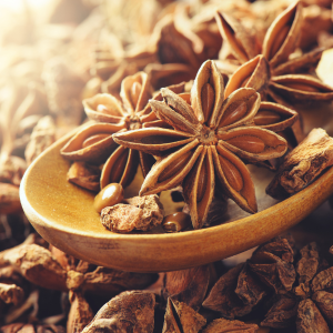 A wooden spoon filled with star anise 