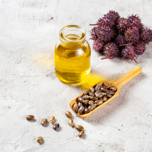 A glass bottle filled with castor oil next to a wooden scoop of castor beans with a white backgground