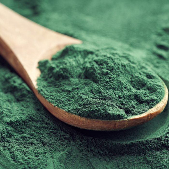 Green spirulina powder in a wooden spoon