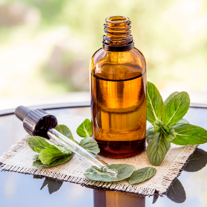 Fresh peppermint and a glass dropper bottle on a glass table