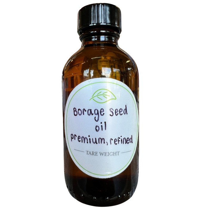 Borage seed oil in an amber boston round bottle