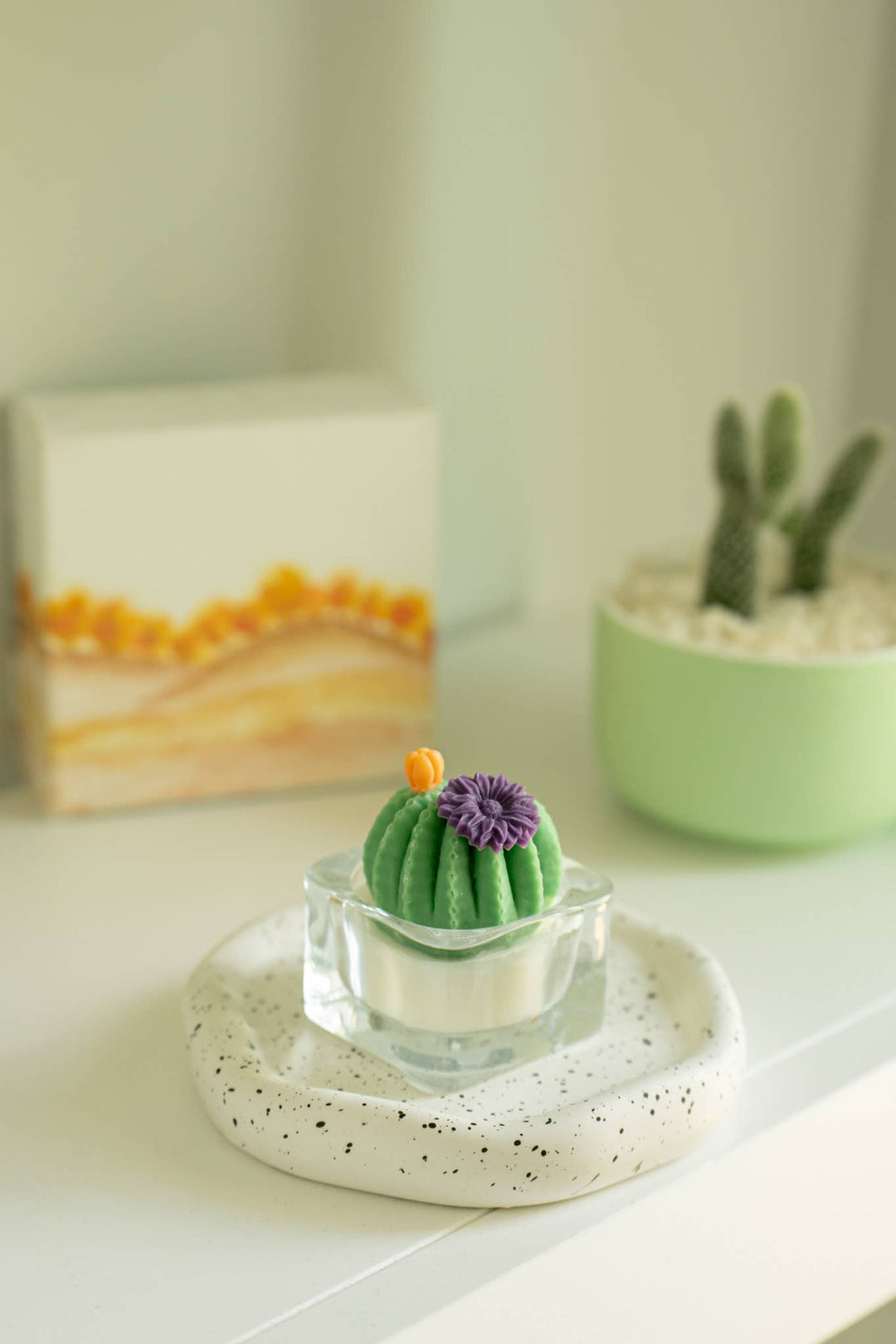 Barrel Cactus Tealight Candles: Green w/ orange