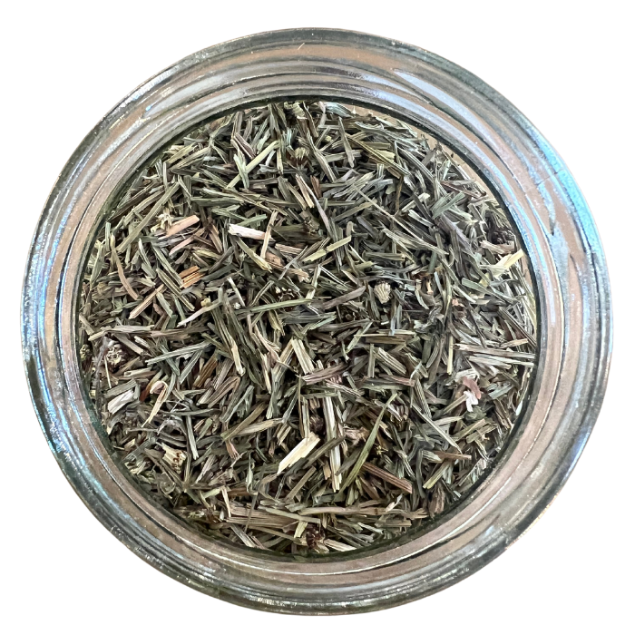 Organic horsetail in a clear glass jar with a white background