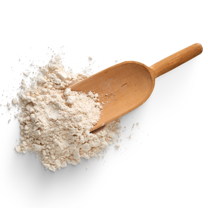 Vital wheat gluten with a wooden scoop on a white background