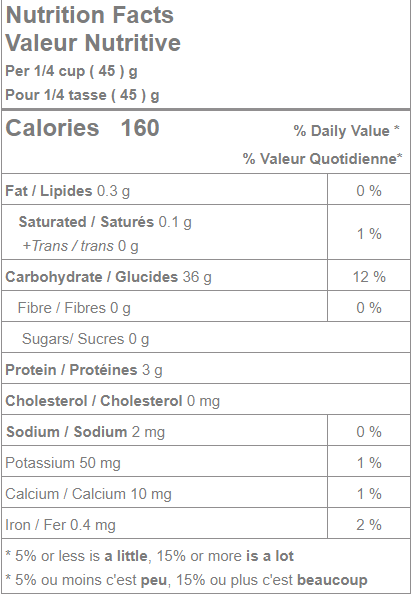 Nutrition facts of Organic White Basmati Rice.