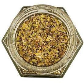 A hexagon jar of oregano on a white background.