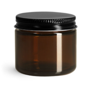 8 oz amber glass jar with black metal lid. 